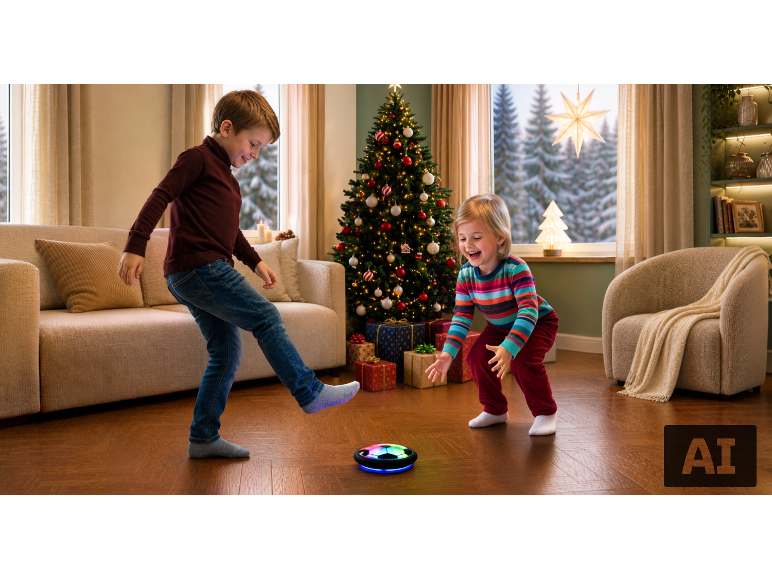 Kinder spielen mit einem schwebenden Fußball in einem weihnachtlich dekorierten Raum.