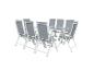 Gartenmöbel-Set: weißer Tisch und acht graue Klappstühle.
