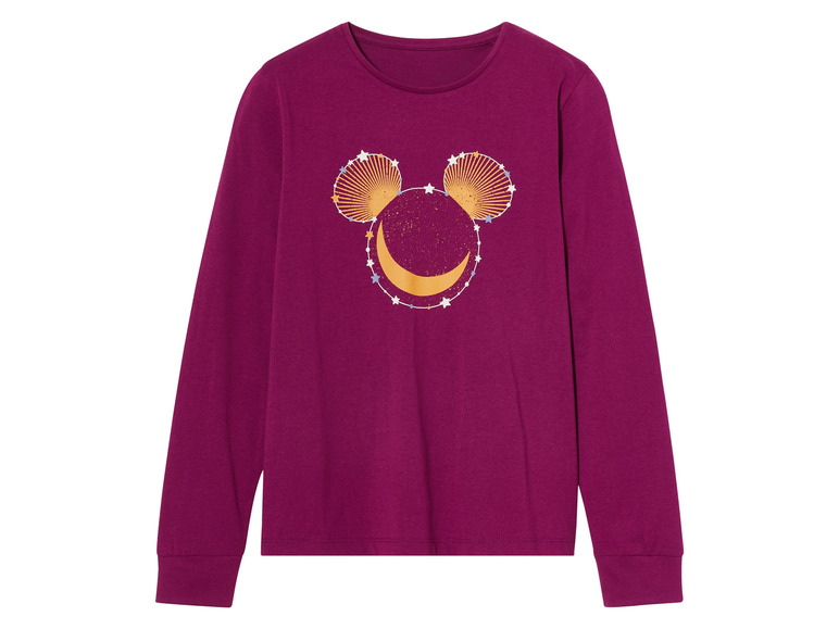 Ein lila Langarmshirt mit Mickey-Mouse-Motiv mit Mond und Sternen.