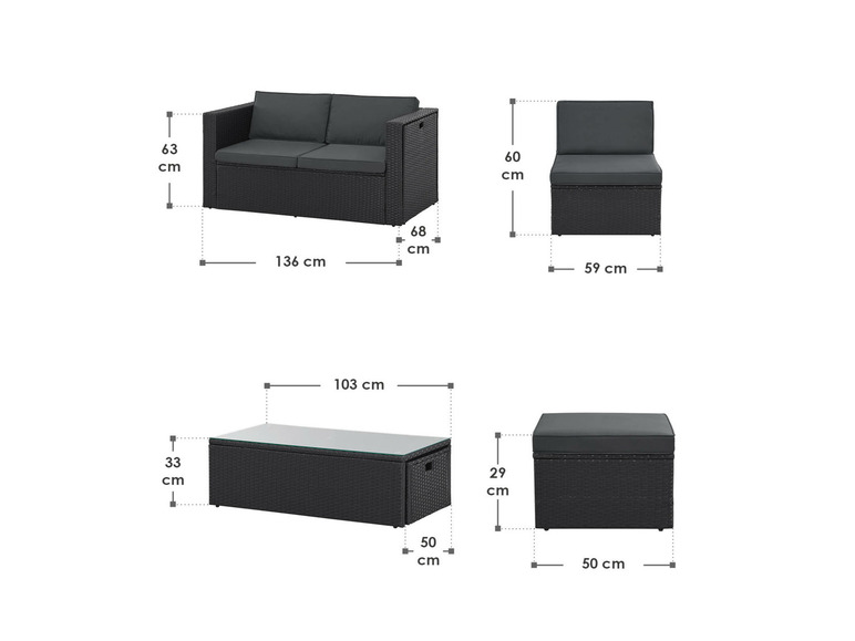 Eine schwarze Lounge-Garnitur mit einem Zweisitzer, einem Sessel und einem Tisch.