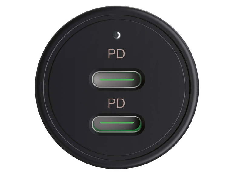 Eine schwarze Ladestation mit zwei USB-C-Ports mit PD-Technologie.