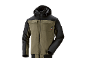 Zweifarbige Arbeitsjacke in Khaki und Schwarz mit Kapuze, Taschen und Reißverschluss.