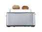 Silberner Toaster mit zwei gerösteten Brötchen oben.