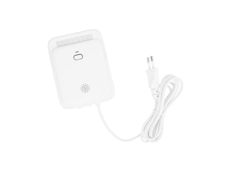 Weißer rechteckiger Luftqualitätsmonitor mit Netzkabel und zweipoligem Stecker.