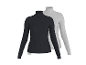 Zwei Damen-Rollkragenpullover mit langen Ärmeln, einer schwarz gerippt und einer grau unifarben.