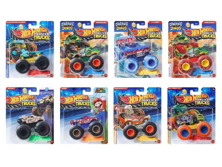 Hot Wheels Monster Trucks mit verschiedenen Designs, darunter Mario, Batman und Dinosaurier-Themen.
