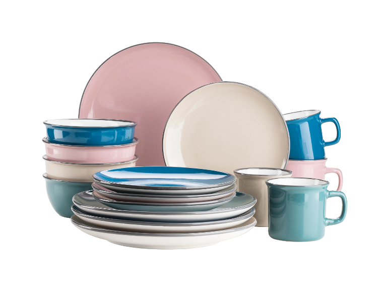 Bunte Teller, Schalen und Tassen in Rosa, Blau, Beige und Türkis mit dunklem Rand.
