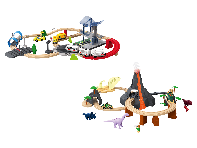Zwei Holzspielzeug-Eisenbahnsets: eines mit Stadt- und eines mit Dinosaurier-Thema.