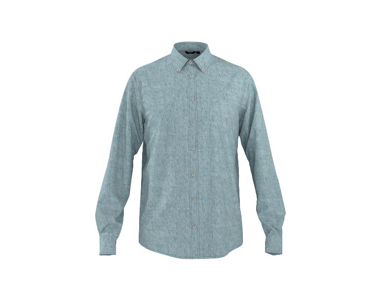 Hellblaues Langarmhemd mit Knöpfen, aus leinenähnlichem Stoff.