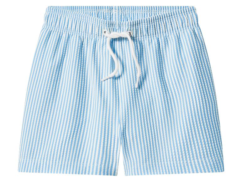 Blau-weiß gestreifte Badeshorts mit elastischem Bund und Kordelzug.