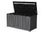 Offene dunkelgraue Outdoor-Aufbewahrungsbox mit Bambus-Textur.