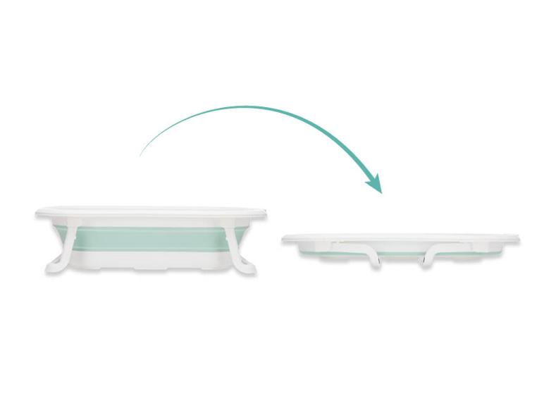 Eine faltbare Babybadewanne, geöffnet und zusammengeklappt, mit einem Pfeil, der das Zusammenklappen anzeigt.