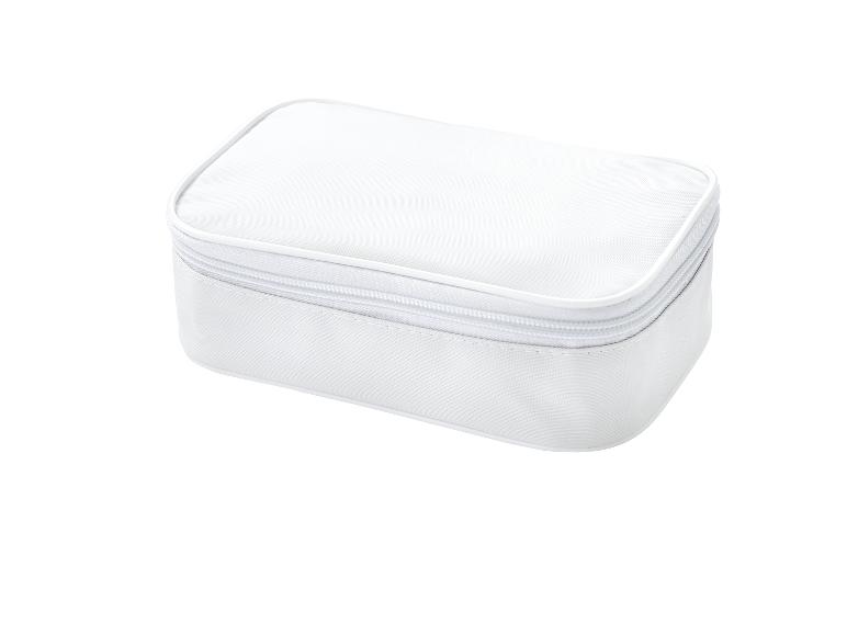 Kleine weiße Kosmetiktasche mit Reißverschluss, ideal für Kosmetik oder Zubehör.