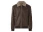 Braune Kunstlederjacke mit cremefarbenem Sherpa-Kragen und gerippten Bündchen.