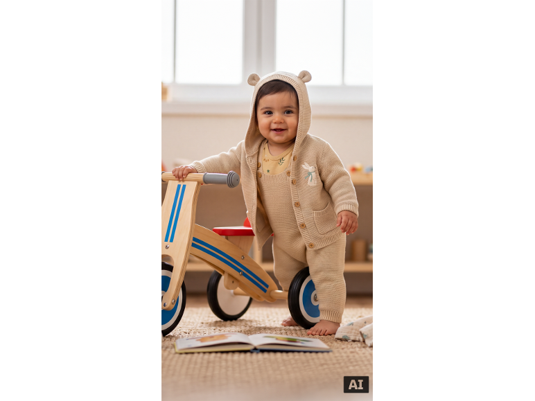 Lächelndes Baby in Strampler und Strickjacke mit Hase, neben einem Holzfahrrad.