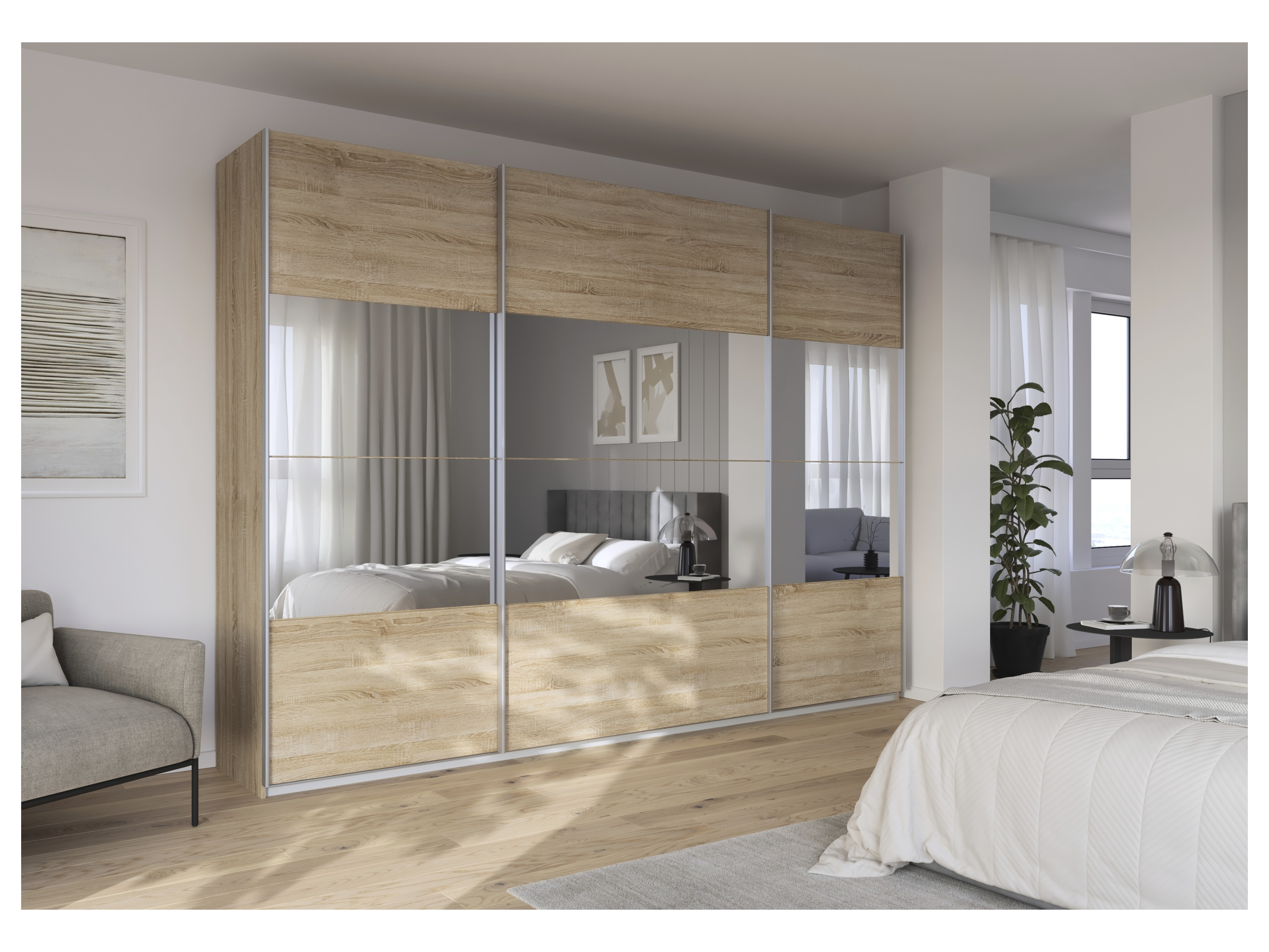 RAUCH ORANGE Quadra Schwebetürenschrank mit Spiegelelementen (Classic-Zubehör, Korpus: Eiche, 315 x 230 cm) – Bild 2 von 4
