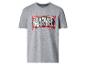 Graues Kurzarm-T-Shirt mit grafischem Textdruck und Farbspritzern.