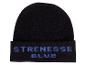 Schwarze Mütze mit blauem Schriftzug „STRENESSE BLUE“.
