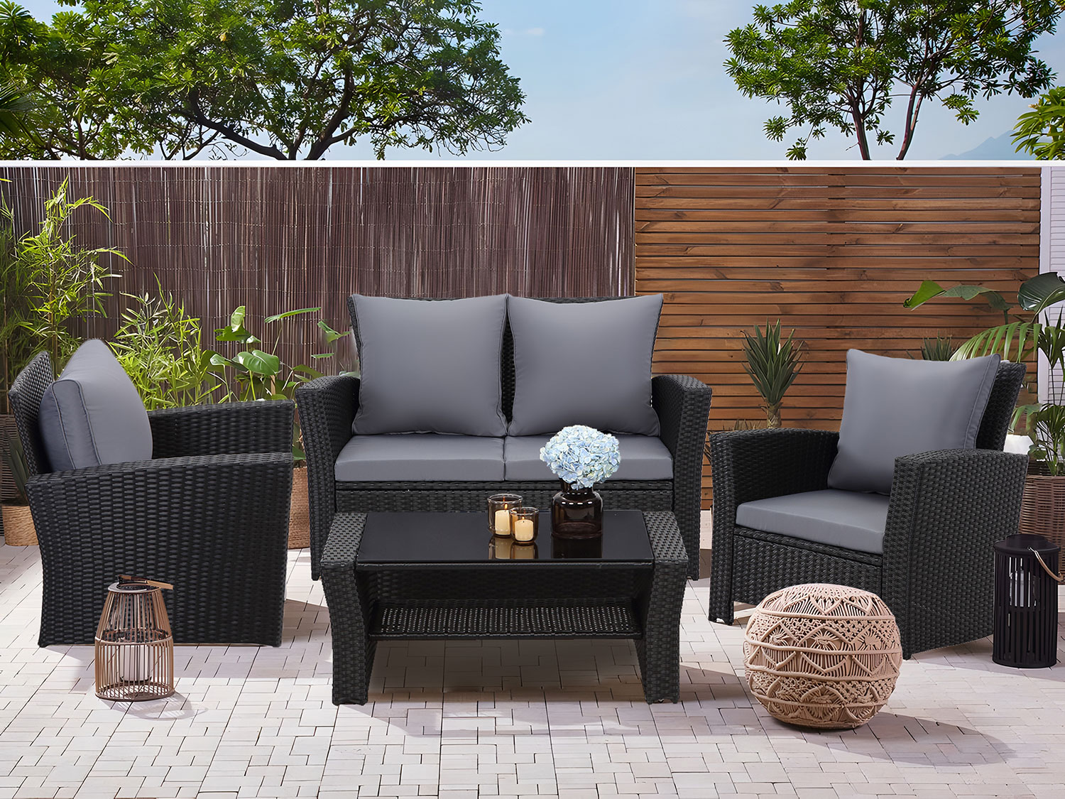 MEXO Gartenmöbel 4-Sitzer Lounge Set inkl. Polster (Schwarz & Grau) – Bild 2 von 4