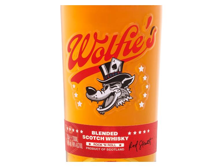 Wolfie's Blended Scotch Whisky Flasche, 700 ml, 40% Vol., mit Wolf im Zylinder-Logo.