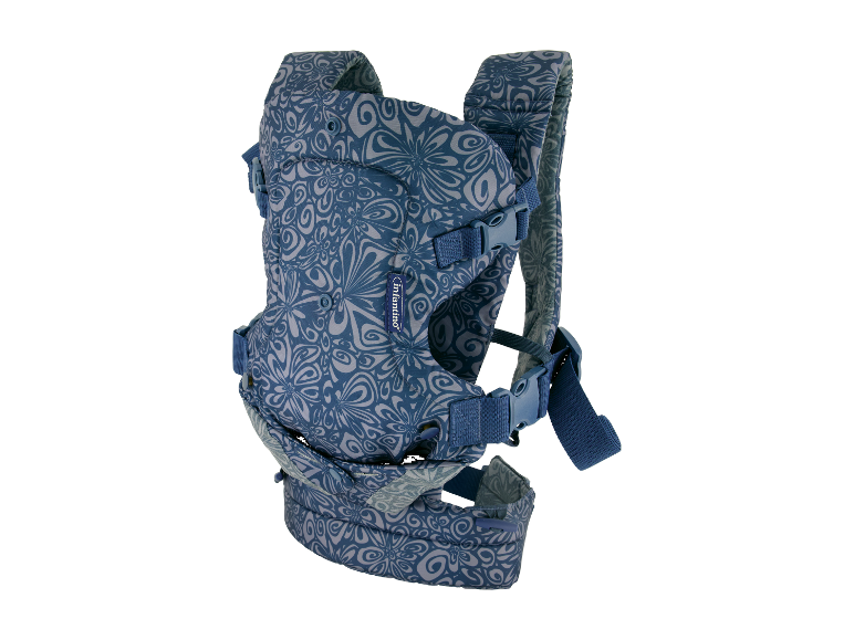 Infantino Babytrage, blauer Blumendruck, für Neugeborene.