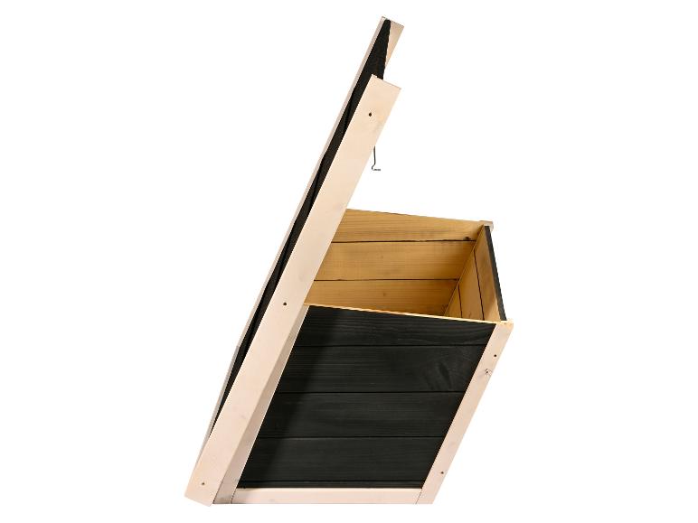 Hölzerner Wandpflanzer mit offener Oberseite, mit schwarzen und naturfarbenen Holzpaneelen.