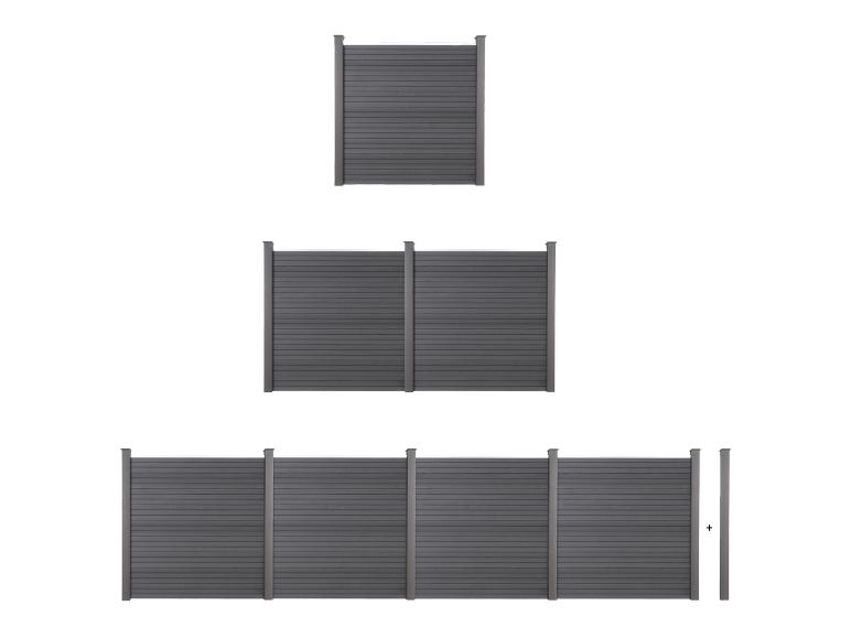 Modulare anthrazitfarbene Zaunpaneele in drei verschiedenen Konfigurationen.