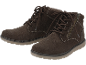 Ein Paar braune Wildleder-Schnürstiefel mit seitlichen Reißverschlüssen und hellen Sohlen.
