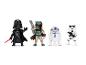 Vier Star Wars-Figuren: Darth Vader, Boba Fett, R2-D2 und ein Sturmtruppler.