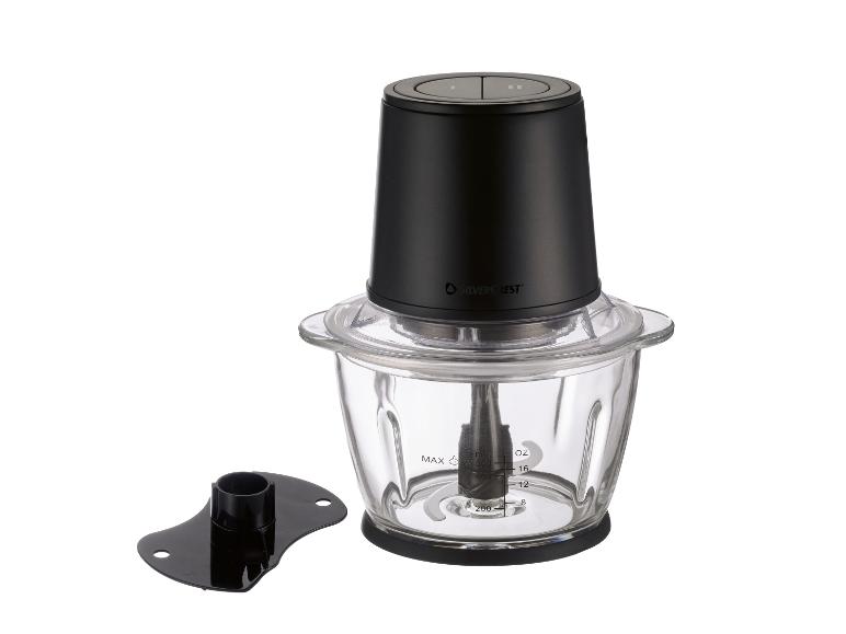 Schwarzer Küchenzerkleinerer mit Glasschüssel und zwei Bedientasten.