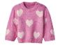 Rosa Strickpullover mit weißen Herzen und Knöpfen an der Schulter