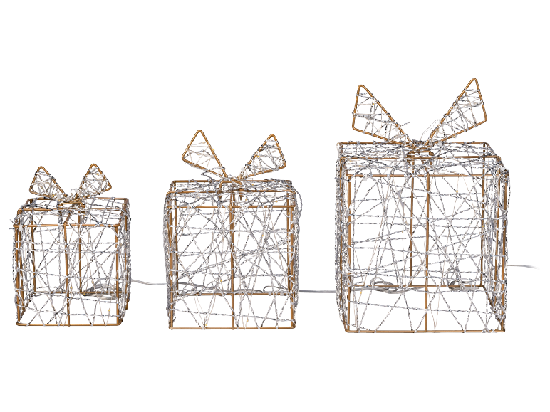 Drei leuchtende Draht-Weihnachtsgeschenke in verschiedenen Größen auf schwarzem Hintergrund.