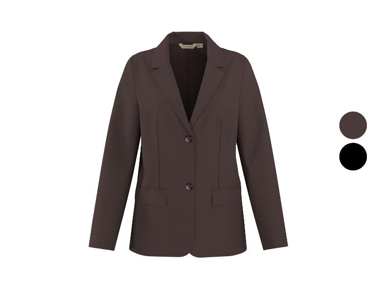 Brauner Damenblazer mit zwei Knöpfen und zwei Taschen, gezeigt mit Farbmustern.