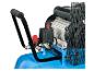 Blauer Luftkompressor mit Motor, Griff und Bedienfeld mit roten Knöpfen.