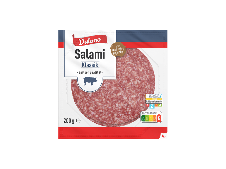 Verpackung klassischer Salami in Scheiben, mit Buchenholz geräuchert, mit Qualitätssiegeln und Nutri-Score.