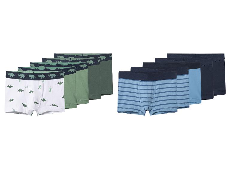 Kinder-Boxershorts mit Dinosaurier- und Streifenmuster in Blau- und Grüntönen.