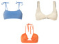 Drei Bikini-Oberteile: ein blaues mit Schleifen, ein weißes mit Schleife und ein orangefarbenes mit Halstuch.