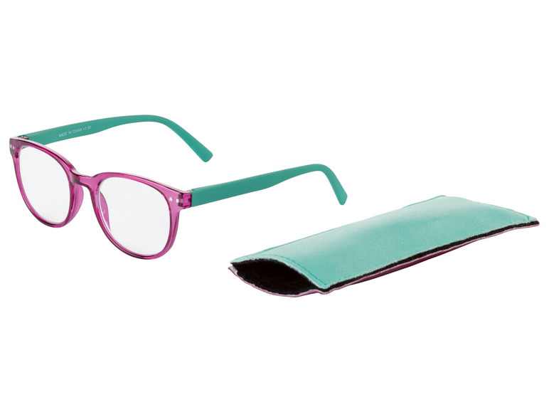 Lilafarbene Lesebrille mit türkisfarbenem Gestell und passender Hülle.