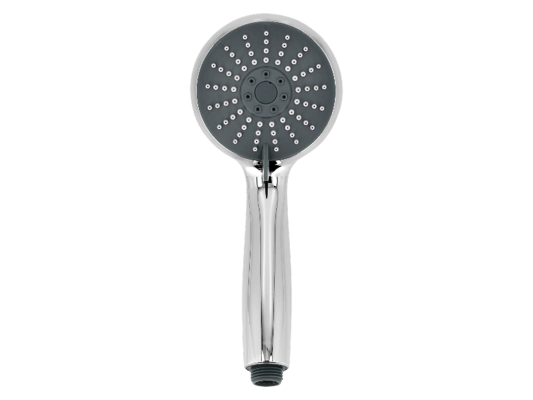 Verchromter Handbrausekopf mit grauer Düsenplatte und mehreren Strahlarten.