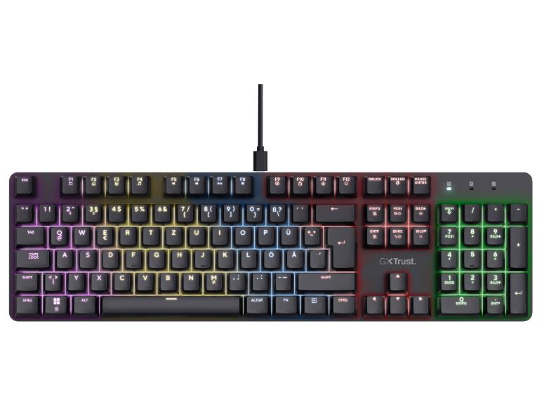 Schwarze Gaming-Tastatur mit RGB-Hintergrundbeleuchtung und deutschem Layout.