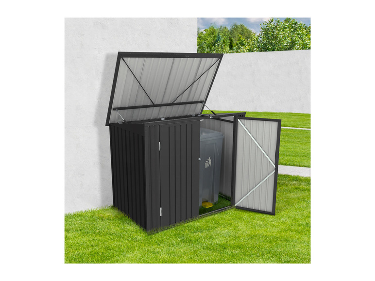 Ein Metall-Aufbewahrungskasten mit offenem Dach und Türen, geeignet für einen Abfalleimer im Garten.