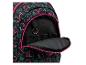 Schwarzer Rucksack mit rosa und türkisen Schweine- und Herzmotiven, offenes Inneres.