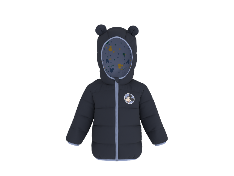 Dunkelblaue Kinderjacke mit Kapuze mit Ohren und einem Cartoon-Motiv auf der Brust.