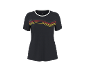 Schwarzes Sport-T-Shirt mit wellenförmigem rot-gelbem Streifendesign.
