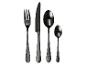 Schwarzes gehämmertes Besteckset mit Gabel, Messer und zwei Löffeln.