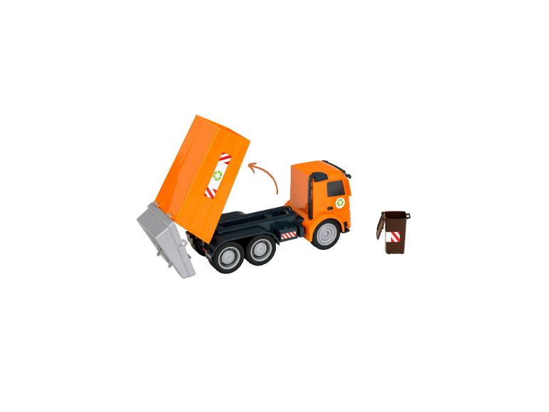 Klein Mercedes-Benz Spielzeug-Müllwagen in Orange mit brauner Mülltonne.