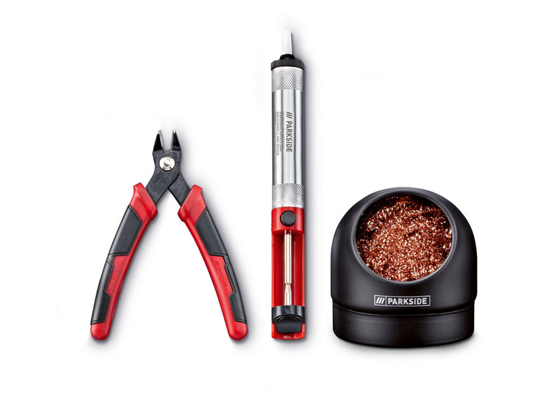 Lötkolben, Zange und Lötspitzenreiniger von Parkside.