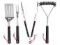 Edelstahl-Grillbesteck-Set: Wender, Gabel, Zange und Bürste mit schwarzen Griffen.