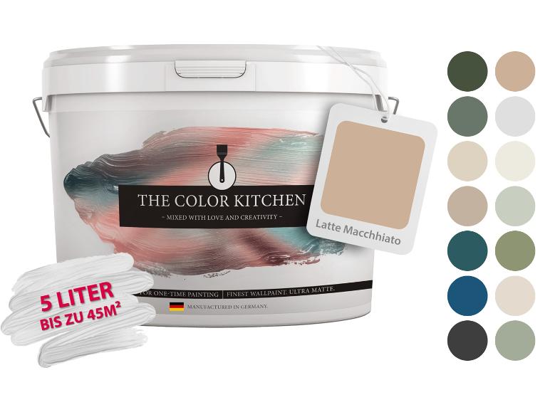 Weißer Farbeimer Latte Macchiato (5 Liter, bis zu 45 m²) mit Farbmuster.