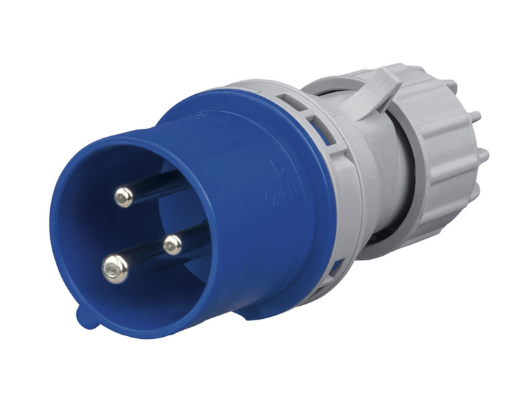 Ein blauer Stecker mit drei Stiften.